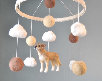 Baby Mobile With 1 Custom Made Pet,  Mobile with 1 Felted Dog, Nursery Decor, Baby Shower Gift - made to order
