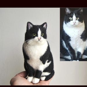 May include: A needle-felted sculpture of a black and white cat with green eyes, modeled after the photograph of a real cat shown in the upper right corner. The sculpture features a white chest and face markings with black ears and back.