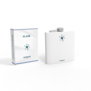 May include: A white metal flask and its matching rectangular box. Both items feature a dark blue lily graphic and the text BENRAM. The box also displays the word FLASK and the phrase Drink in good company with thin blue border lines.