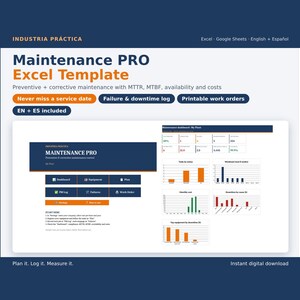 Puede incluir: Una plantilla digital de Excel Maintenance PRO para mantenimiento preventivo y correctivo. La interfaz muestra un panel con gráficos de datos, MTTR, MTBF, disponibilidad y métricas de costos. Incluye registros de fallas, seguimiento de tiempo de inactividad y órdenes de trabajo imprimibles en inglés y español.