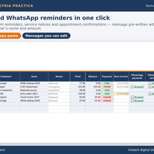 Puede incluir: Un panel digital titulado Industria Práctica Workshop PRO que muestra una tabla para enviar recordatorios por WhatsApp. La tabla incluye nombres de clientes, activos, estados, totales, saldos, estado de pago y fechas de servicio con botones interactivos.