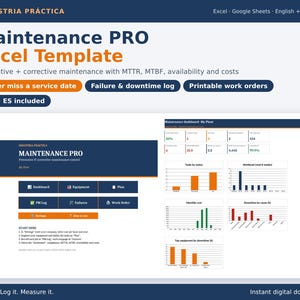 Op de afbeelding: Een digitaal Maintenance PRO Excel-sjabloon voor het bijhouden van preventief en correctief onderhoud. De interface toont een dashboard met MTTR, MTBF, beschikbaarheid en kostenstatistieken, inclusief staafdiagrammen en printbare werkbonnen.