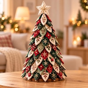 Puede incluir: Un árbol de Navidad decorativo de mesa construido con hojas de tela superpuestas en tonos rojo, verde oscuro y crema. Cada hoja presenta patrones bordados de copos de nieve, acebo y flores de pascua, acentuados con pequeñas cuentas doradas.