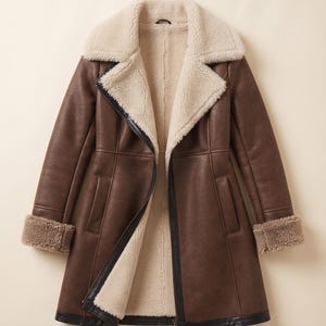 Brown Shearling Coat, Longline Aviator-Style with Cream Lining and Dark Trim