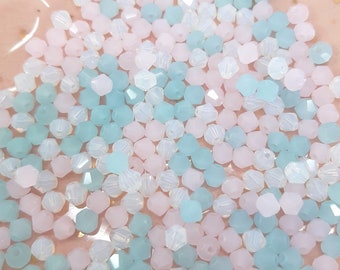 100 PCS Quality Glass Mixed Colour Crystal Bicones, Baby Blue, Baby pink, Cloudy White, 4mm