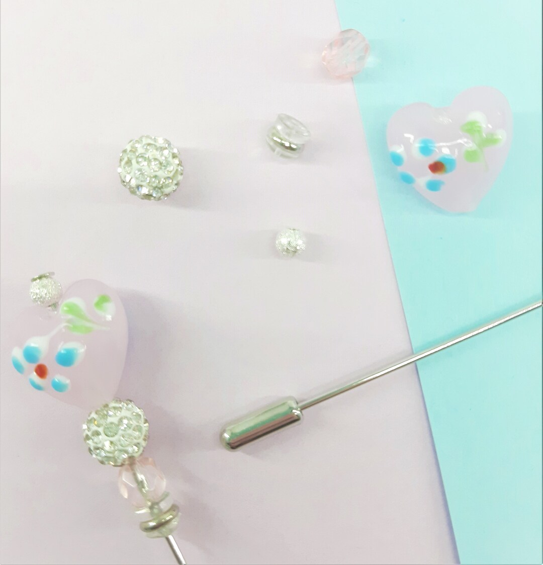 Hatpin Kit DIY, Includes Pink Glass Heart, 12cm Hat Pin With End Cap