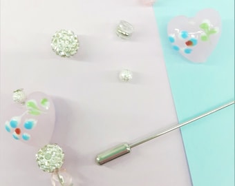 Hatpin Kit DIY, Includes Pink Glass Heart, 12cm Hat Pin with End Cap & all the Beads (KIT-100)