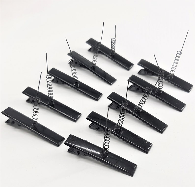 May include: Ten black metal hair clips with a spring on the top. The clips are all in a row, with the springs facing up.