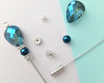 Kit épingle à chapeau bricolage, comprend une grande perle de verre bleue, une épingle à chapeau de 12 cm avec embout et toutes les perles (KIT-100-3)