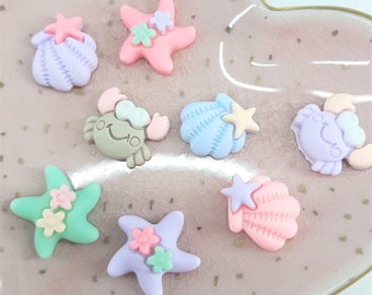 Pack of 8 Cute Seaside Mixed, Crab, Shell, Starfish Flatback Cabochon Embellishments (FLB-106)
