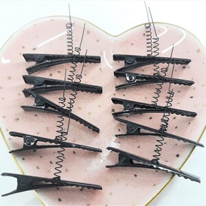 May include: A set of ten black hair clips with a spring coil on each end. The clips are arranged on a pink heart-shaped plate.