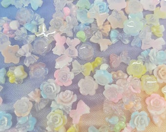 Pretty Pastel Nail Flatback Resin Glow in the Dark Charms, Paws Bows & Flowers Flatbacks, Embellishments, 100+ PCS / 10g (FLB-116)