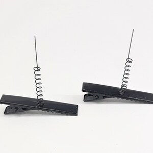 May include: Two black metal hair clips with spring coils. The clips are designed to hold hair in place.
