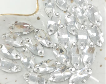 Pack of 25 Clear Glass Crystal Flatback Navette/Marquise Shape Sew on Rhinestones, Size Choices (RHS-100)