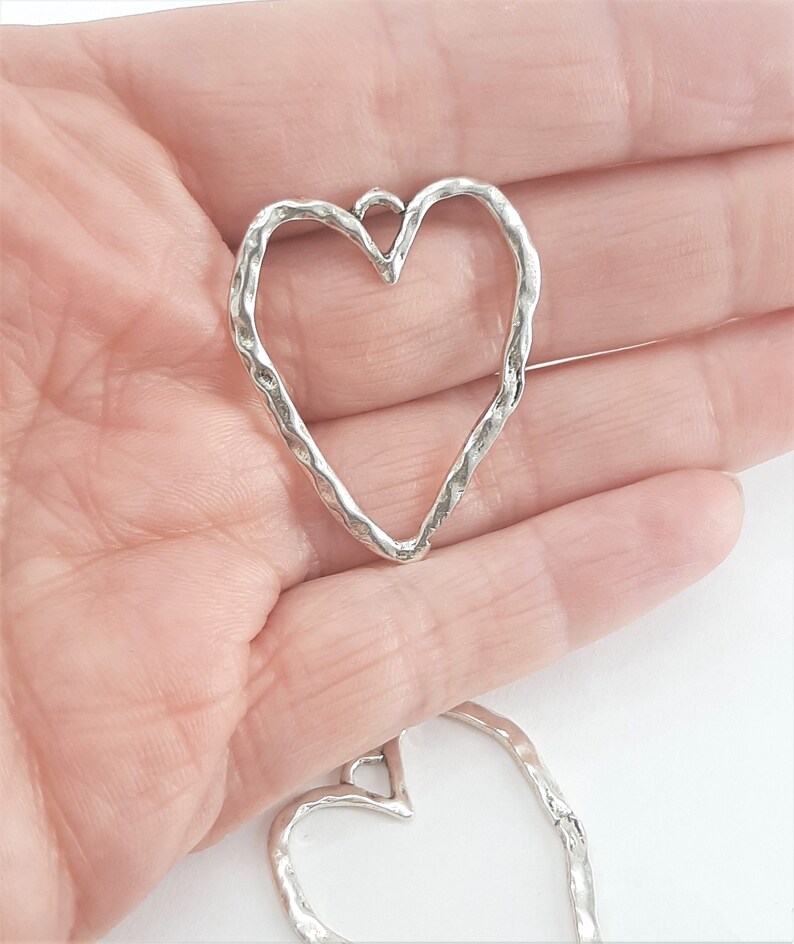 With loop Shank Pack of 2 Rustic Hammered Flat Heart Pendants in Silver Tone