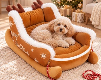 Christmas Sled Dog Bed | Cozy Winter Pet Sofa with Reindeer Antlers | Warm Plush Cushion for Small to Large Dogs