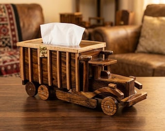 Porta-lenços de madeira vintage em formato de caminhão | Decoração rústica artesanal para mesa | Presente exclusivo com caminhão antigo para homens | Porta-lenços de brinquedo de madeira