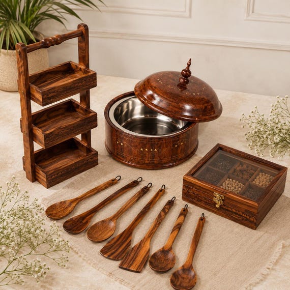 Wooden Kitchen Utensils Set with Masala Box | 4 in 1 Handcrafted Cooking Spoon Set & Cutlery Holder | Premium Hotpot | H