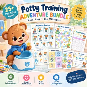 Pode incluir: Um conjunto Potty Training Adventure Bundle com mais de 25 páginas imprimíveis ilustradas com um urso castanho. Inclui um quadro de rotina, um jogo de aventura, quadros de recompensas, cartões visuais, cupões, crachás e um certificado.