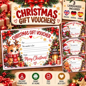 Puede incluir: Un conjunto de vales de regalo de Navidad imprimibles con un reno, un muñeco de nieve y un hombre de jengibre. Los diseños incluyen texto en inglés, alemán y español, con líneas en blanco para nombres y gráficos festivos navideños.