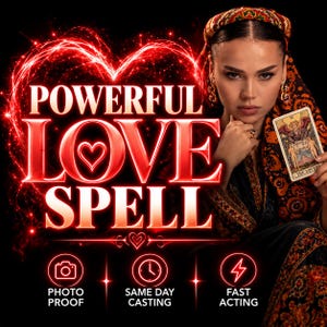 Può includere: Un grafico digitale con il testo POWERFUL LOVE SPELL in lettere rosse in grassetto, un contorno di cuore rosso brillante e una persona che indossa un foulard a motivi geometrici che tiene in mano una carta dei tarocchi con la scritta THE LOVERS. Sono incluse icone per prova fotografica, lancio in giornata e azione rapida.