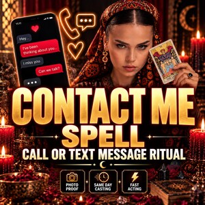 Pode incluir: Um gráfico digital com o texto CONTACT ME SPELL CALL OR TEXT MESSAGE RITUAL. Exibe um smartphone com uma conversa de texto, uma pessoa segurando uma carta de tarô, ícones de neon de telefone e balões de fala, e velas vermelhas.