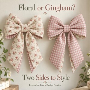 Quilted Bow Sewing Pattern PDF, Reversible Floral & Gingham Door Decor, 3 Sizes