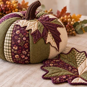 Patchwork Pumpkin Sewing Pattern PDF with Quilted Maple Leaf Mat