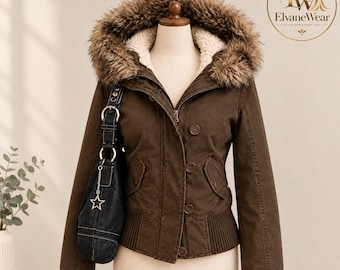 Chaqueta con capucha de piel sintética estilo Y2K para mujer / Abrigo de invierno retro de los años 2000 / Chaqueta estilo Harajuku Streetwear