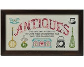 Vintage Cross Stitch Embroidery Wall Art in Vintage Wood Frame Antiques Grandmother Grandfather Cross Humor Housewarming Gift Retro Kitsch