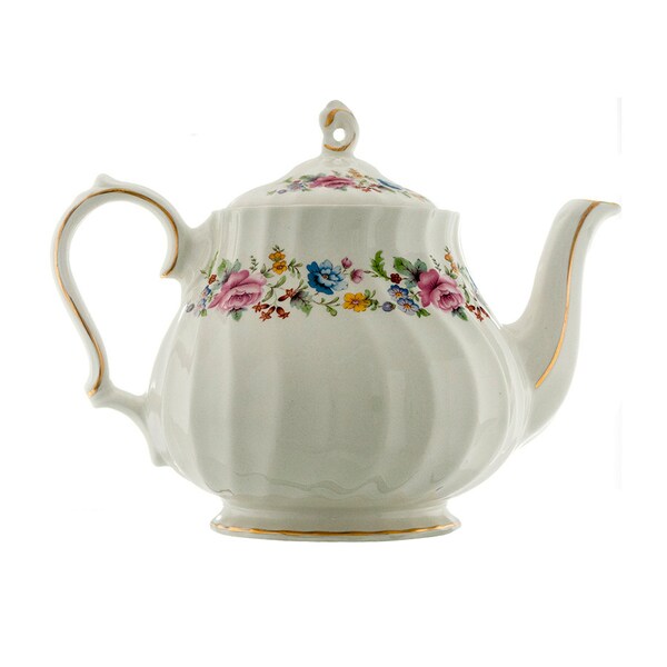 Sadler Teapot England Vintage Sadler Tea Pot White Swirls with Pink Blue Floral Wreath Gold Trim Excellent Condition Collectible Replacement