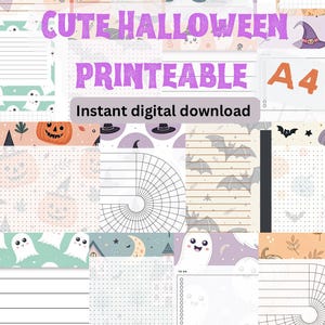 Puede incluir: Una colección de hojas de papelería imprimibles A4 con temas de Halloween que incluyen calabazas, fantasmas, murciélagos y sombreros de bruja. Los diseños incluyen formatos rayados, punteados y cuadriculados con acentos morados y naranjas. Texto: +70 CUTE HALLOWEEN PRINTEABLE.