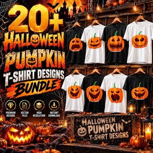 Op de afbeelding: Een collectie van acht t-shirts met korte mouwen in zwart en wit, elk voorzien van een unieke oranje pompoengrafiek. De afbeelding bevat de tekst 20+ HALLOWEEN PUMPKIN T-SHIRT DESIGNS BUNDLE en HALLOWEEN PUMPKIN T-SHIRT DESIGNS.