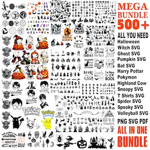 May include: A digital design collection featuring over 500 graphics including Halloween themes, witches, ghosts, pumpkins, bats, Highland cows, Snoopy, Harry Potter, Pokemon, volleyball, and spiders in SVG, PNG, and PDF formats with text.