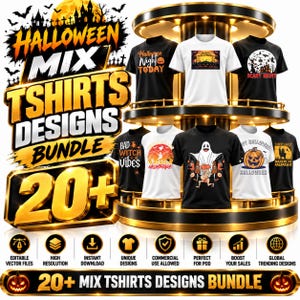 May include: A digital collection of over 20 Halloween-themed t-shirt designs displayed on a tiered circular stand. The graphic features black and white t-shirts with various spooky illustrations, including ghosts, pumpkins, and text like Halloween Night Today.