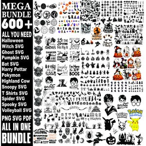 May include: A digital design bundle featuring over 600 black and white graphic elements including Halloween themes, witches, ghosts, pumpkins, bats, Highland cows, volleyballs, and characters like Harry Potter, Snoopy, and Pikachu in SVG, PNG, and PDF formats.