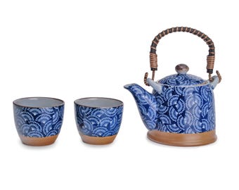 Japanese Teapot Set - Blue Dancing Fan | Kyoto Hospitality