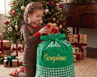 Custom Embroidered Gingham Canvas Santa Sack,Personalized Christmas Sack With Name,Christmas Gift Bag,Xmas Sack for Kids,Holiday DecorWW2610