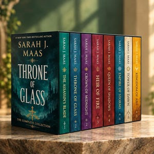 May include: A complete book collection box set titled Throne of Glass by Sarah J. Maas. The set includes eight volumes with colorful spines featuring gold text and symbols, housed in a dark, illustrated slipcase with a sword graphic.