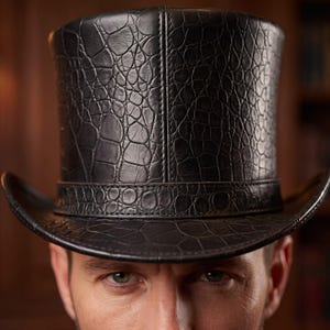 Puede incluir: Un sombrero de copa negro con un patrón texturizado de piel de cocodrilo en toda la superficie. El sombrero incluye una copa estructurada, un ala curva y una banda a juego alrededor de la base, todo construido con costuras visibles.