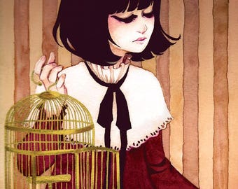 Birdcage Lolita Print 4x6 8x10 Watercolor Classic Girl Kawaii Original Art Postcard