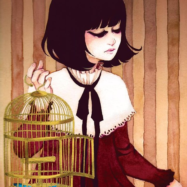 Birdcage Lolita Print 4x6 8x10 Watercolor Classic Girl Kawaii Original Art Postcard