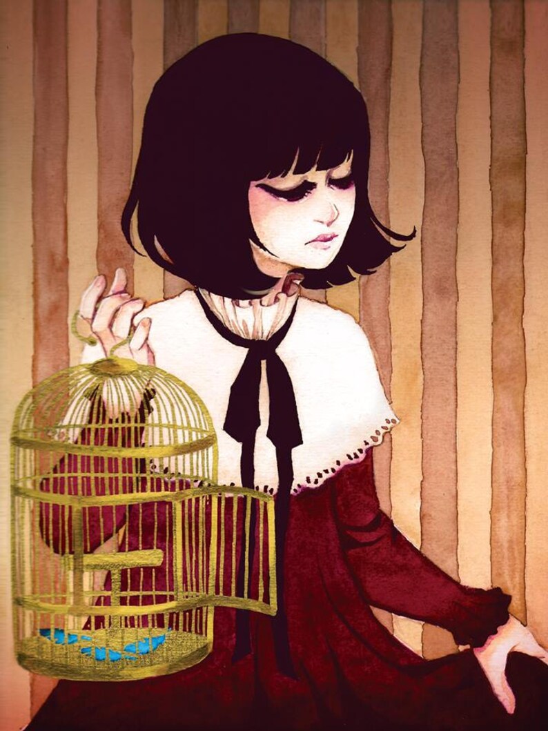 Birdcage Lolita Print 4x6 8x10 Watercolor Classic Girl Kawaii Original Art Postcard image 1