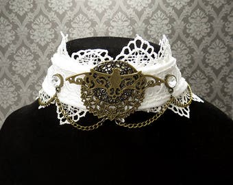 Gothic Bat choker white bronze fabric lace ribbon necklace Victorian lolita fashion