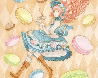 Macaron Lolita Print 4x5.25 8x10 Watercolor Sweet Kawaii Original Art Postcard