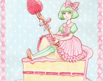 Strawberry Lolita Print 4.5x6 8x10 Watercolor Sweet Cake Original Art Postcard