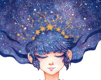 Star Constellation Lolita Print 4x6 8x10 Watercolor Sweet Kawaii Original Art Postcard