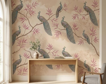 Peacock Chinoiserie Mural Wallpaper, Vintage Botanical Bird Peel and Stick Mural