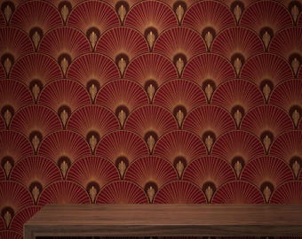 Art Deco Wallpaper, Black Gold Wall Decor Burgundy Mural, Peel and Stick