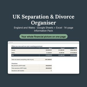Puede incluir: Un organizador digital de separación y divorcio en el Reino Unido con un paquete de información de 14 páginas para Google Sheets y Excel. La pantalla muestra una tabla financiera titulada What you own and owe, con activos, deudas y pensiones en libras.